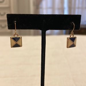 Vintage Antique Gold Tone Navy Beige Square Dangle Drop Statement Earrings